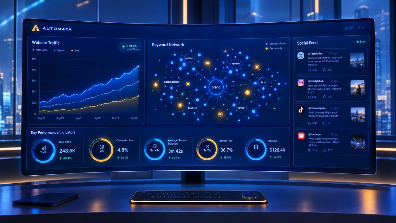 A futuristic promotion control center: an Automata dashboard on a curved screen in a dark room, night city outside the window